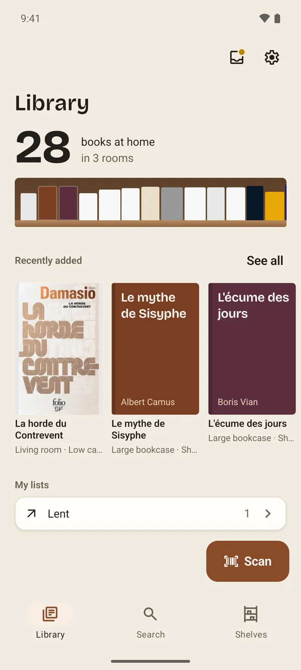 The Aldus Library: how many books you have at home, the shelf of your spines and the books added recently.