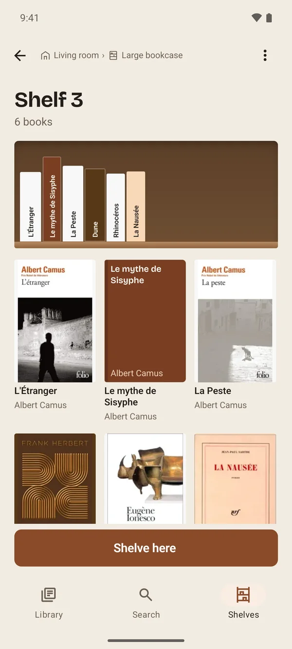 A shelf in Aldus: its books drawn as spines, and the “Shelve here” button.