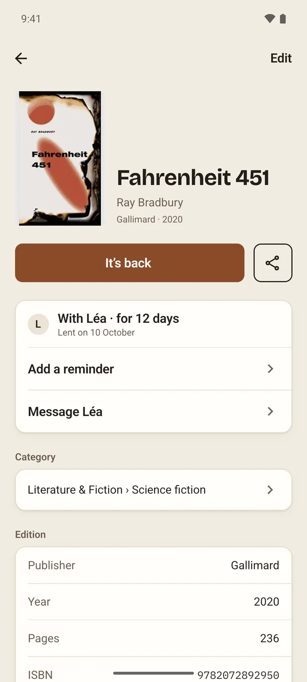 Fahrenheit 451 in Aldus: with Léa for 12 days, with “Add a reminder”.