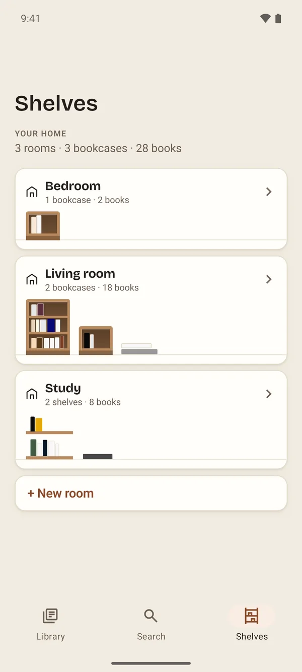 The Aldus Shelves tab: the rooms of the house, with their bookcases drawn.