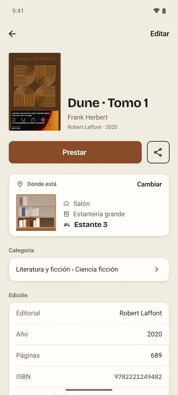 La ficha de Dune · Tomo 1 en Aldus: Robert Laffont, 2020, colocado en el salón, estantería grande, estante 3.
