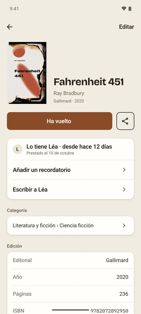 Fahrenheit 451 en Aldus: en casa de Léa desde hace 12 días, con «Añadir un recordatorio».