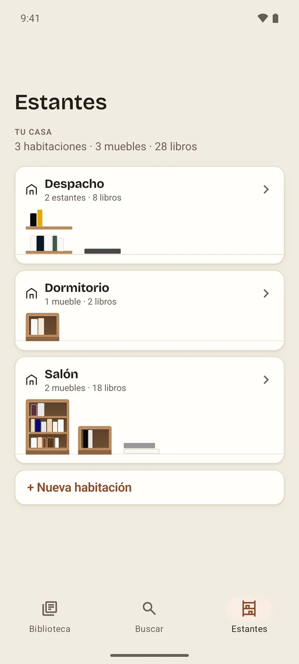 La pestaña Estantes de Aldus: las habitaciones de la casa, con sus muebles dibujados.