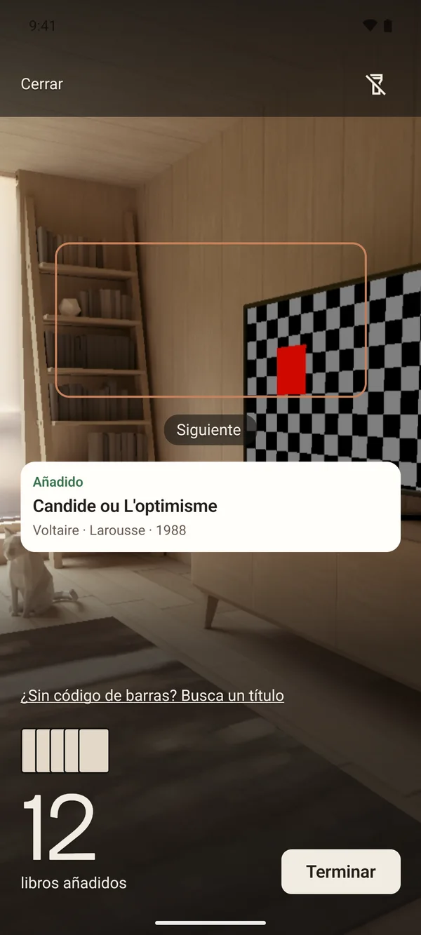 El escaneo en serie de Aldus: la cámara abierta, la pila de libros escaneados y el contador, 12 libros añadidos.