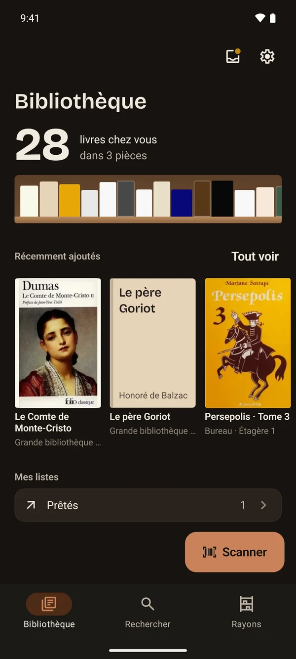 La Bibliothèque d’Aldus en thème sombre.
