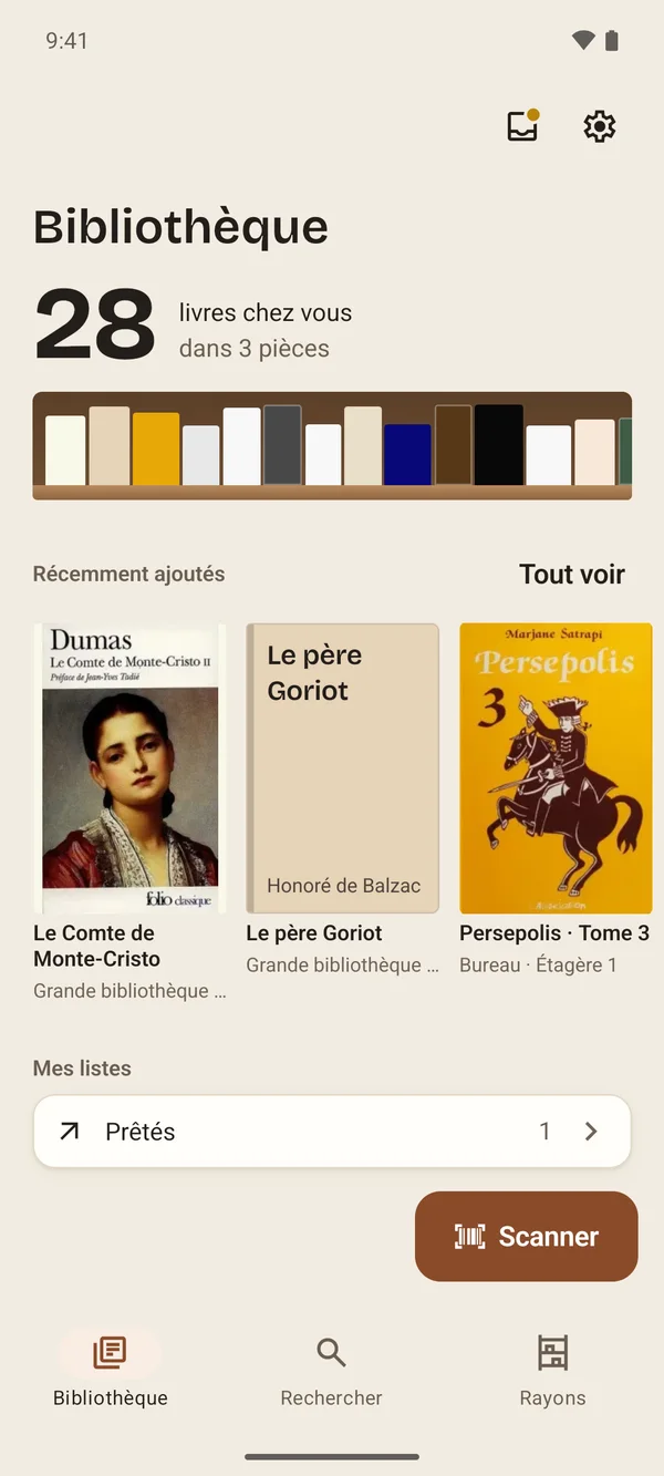 La Bibliothèque d’Aldus : le nombre de livres chez vous, l’étagère de vos tranches et les livres récemment ajoutés.